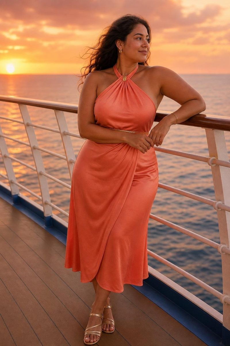 Coral halter midi dress with gold flat sandals near the ship railing at sunset (option 1)