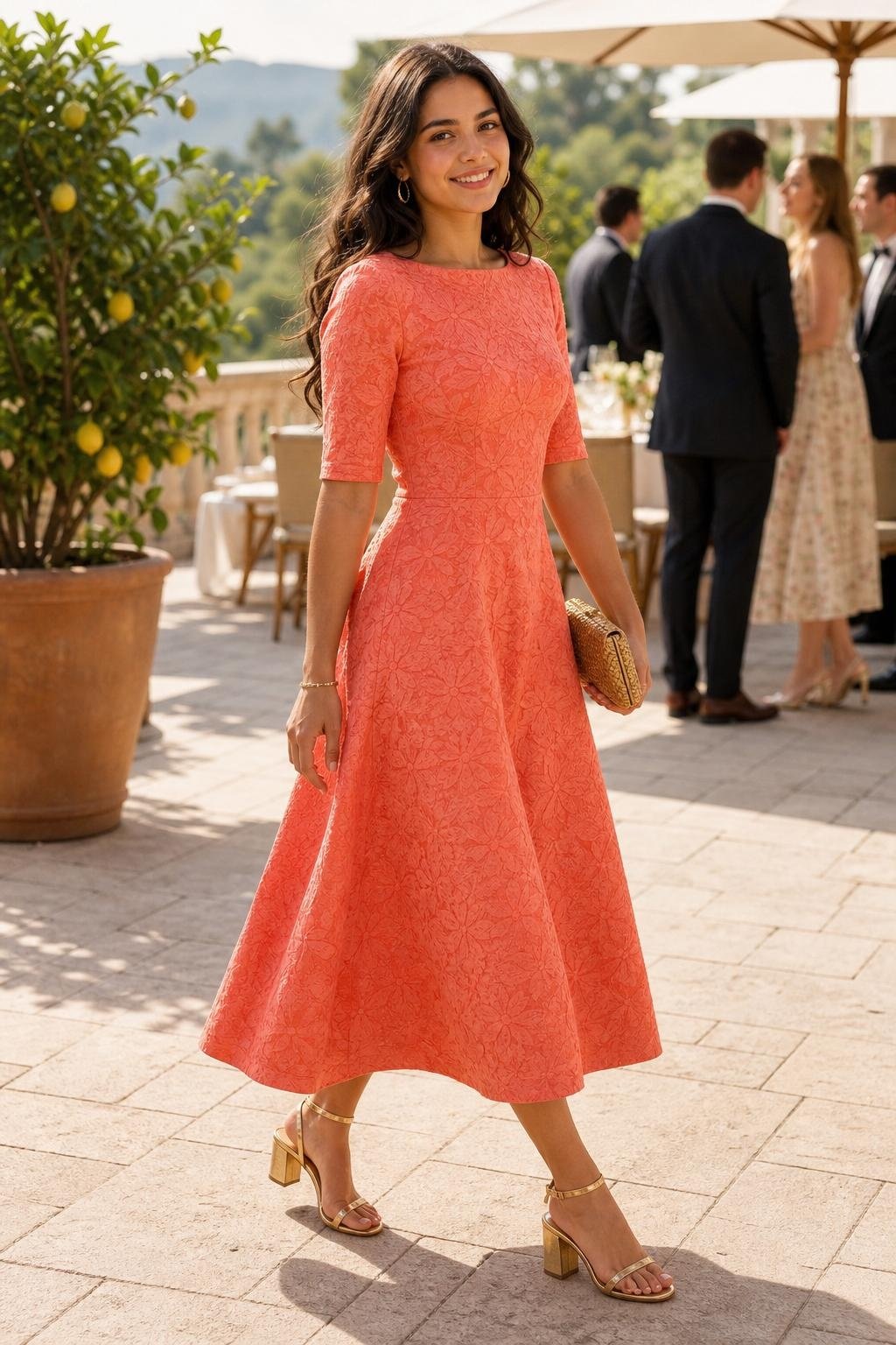Coral jacquard midi dress with elbow sleeves, gold sandals, cheerful summer terrace wedding (option 2)