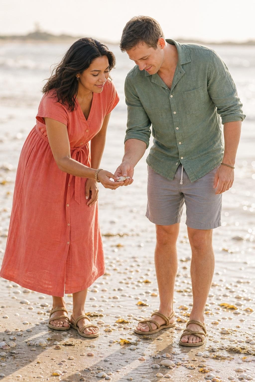 Coral linen dress, eucalyptus green shirt, faded gray shorts, rope sandals, relaxed shell-strewn beach portraits (option 1)
