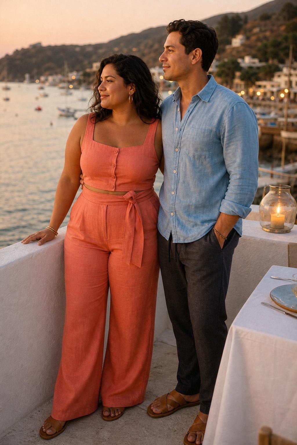Coral linen two-piece with light denim shirt, tan sandals, seaside patio dinner mood (option 2)