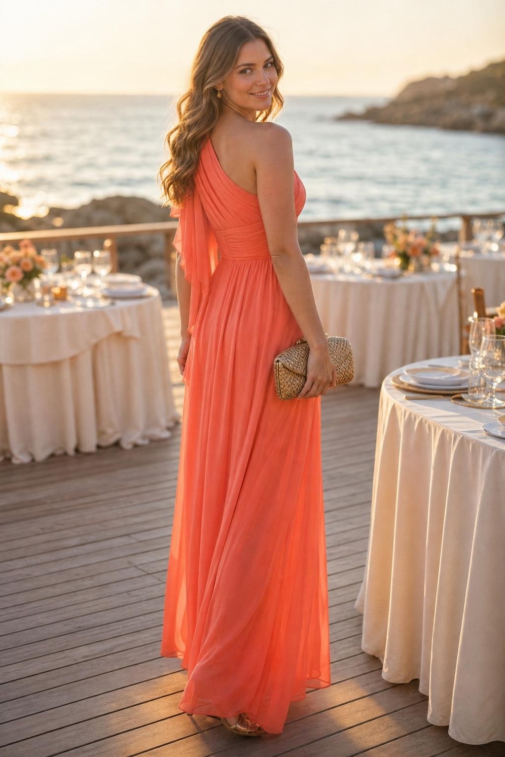 Coral one-shoulder chiffon gown, gold sandals, woven evening clutch, seaside black tie reception (option 1)