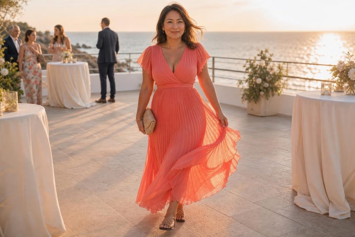 Coral pleated midi dress with gold flat sandals on a breezy seaside wedding terrace at sunset (option 1)