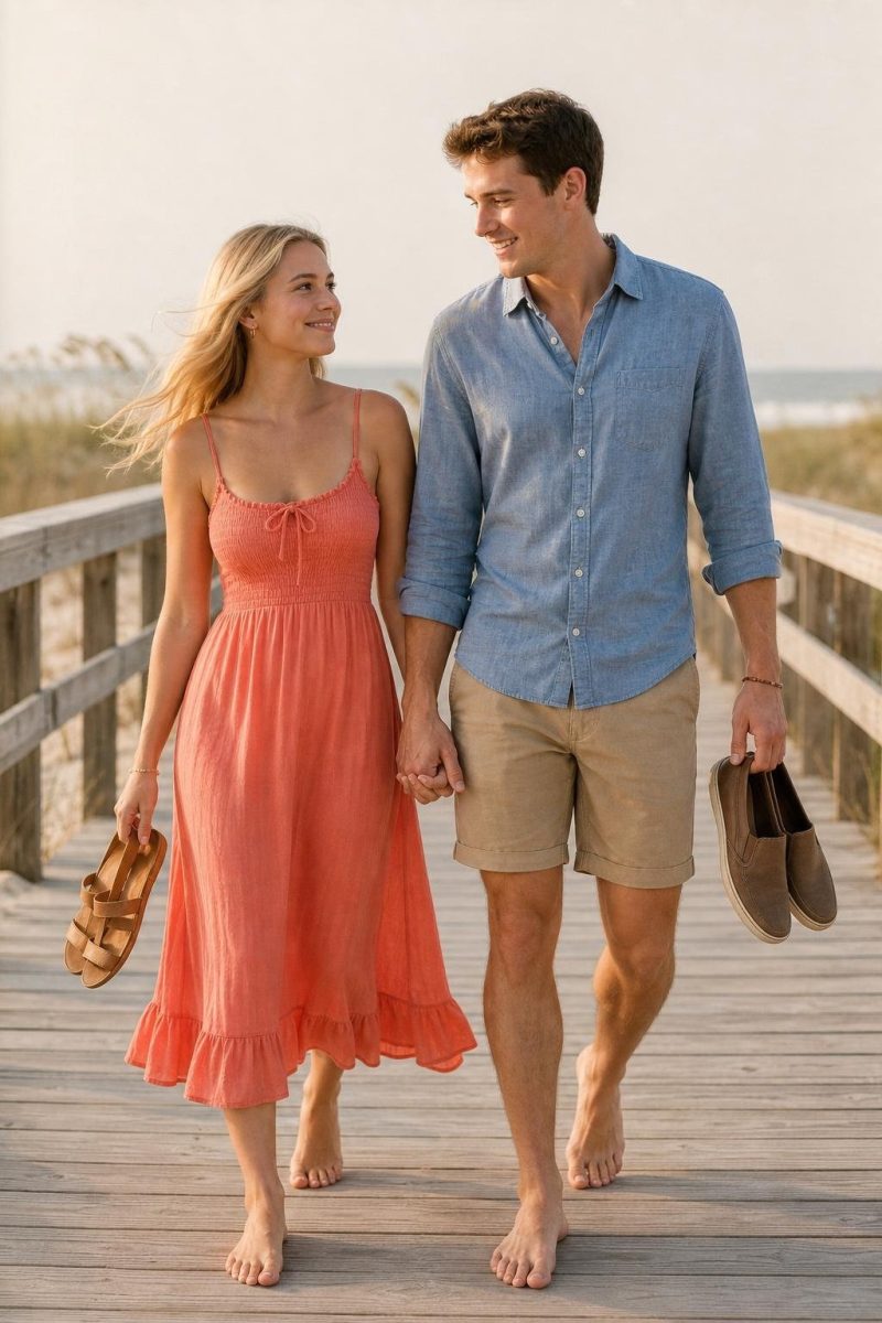 Coral sundress with chambray shirt and khaki shorts on a beach boardwalk (option 2)
