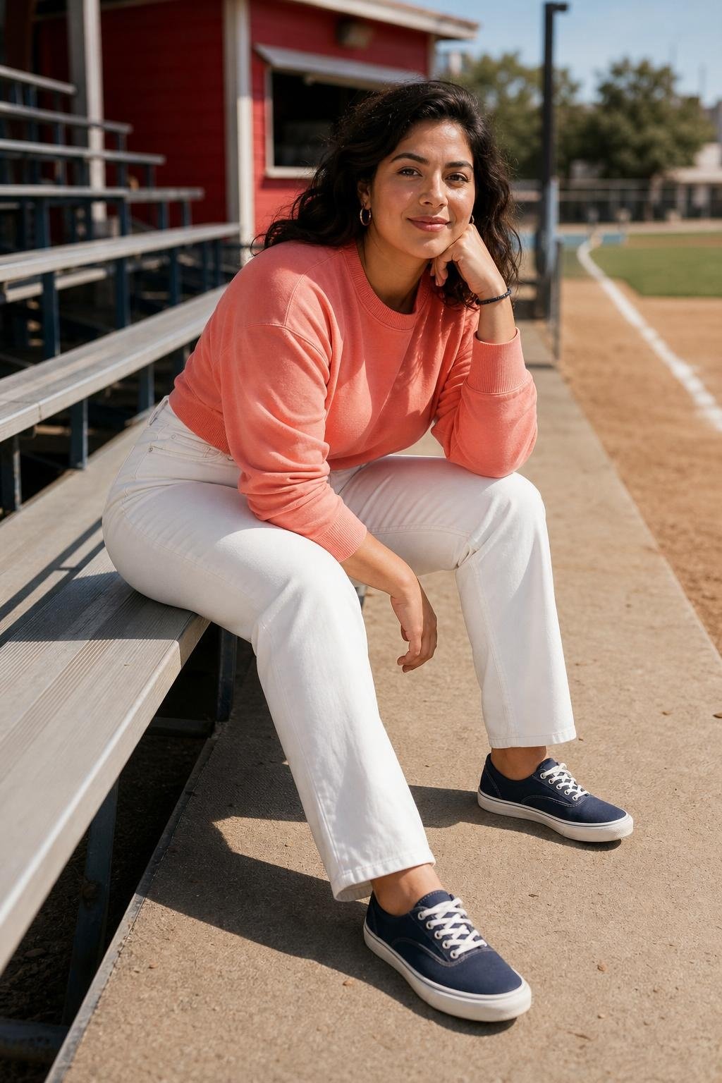 Coral sweatshirt, white straight jeans, navy canvas sneakers, sunny baseball bleachers with concession stand mood (option 2)
