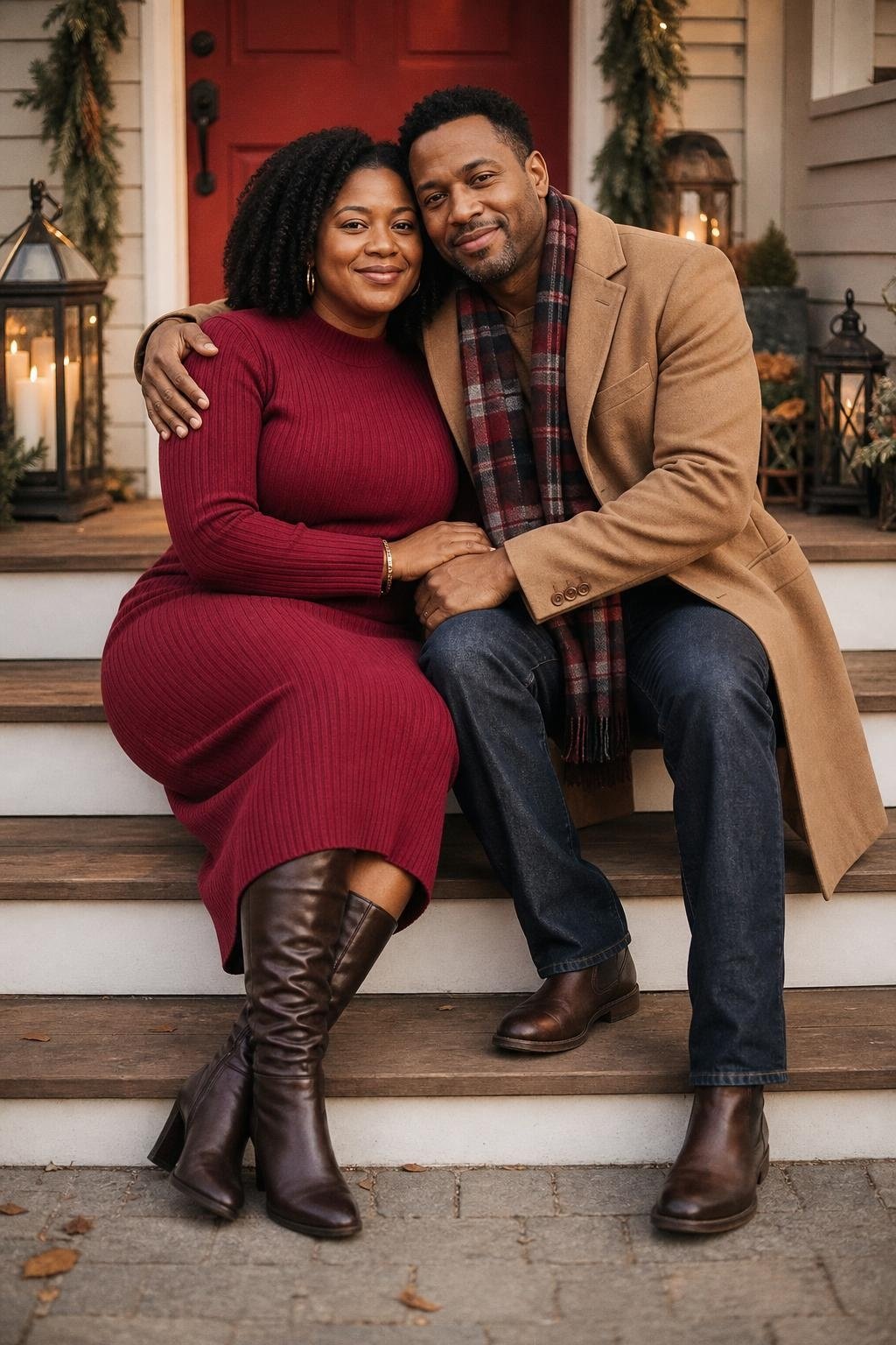 Cranberry sweater dress, camel coat, dark wash jeans, leather boots, cozy front porch holiday scene (option 2)
