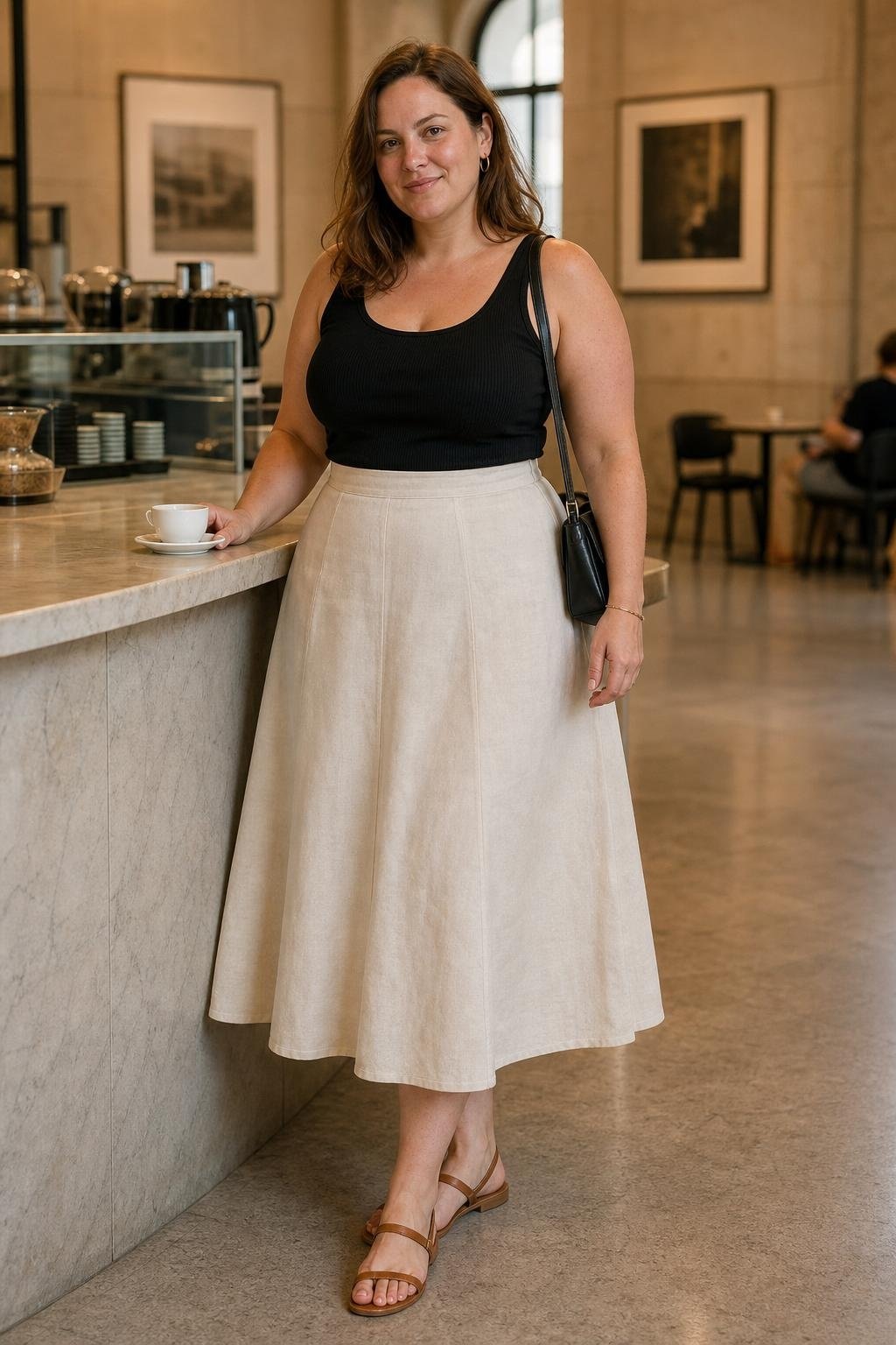 Cream A-line midi skirt with black tank and woven sandals, museum café afternoon (option 1)