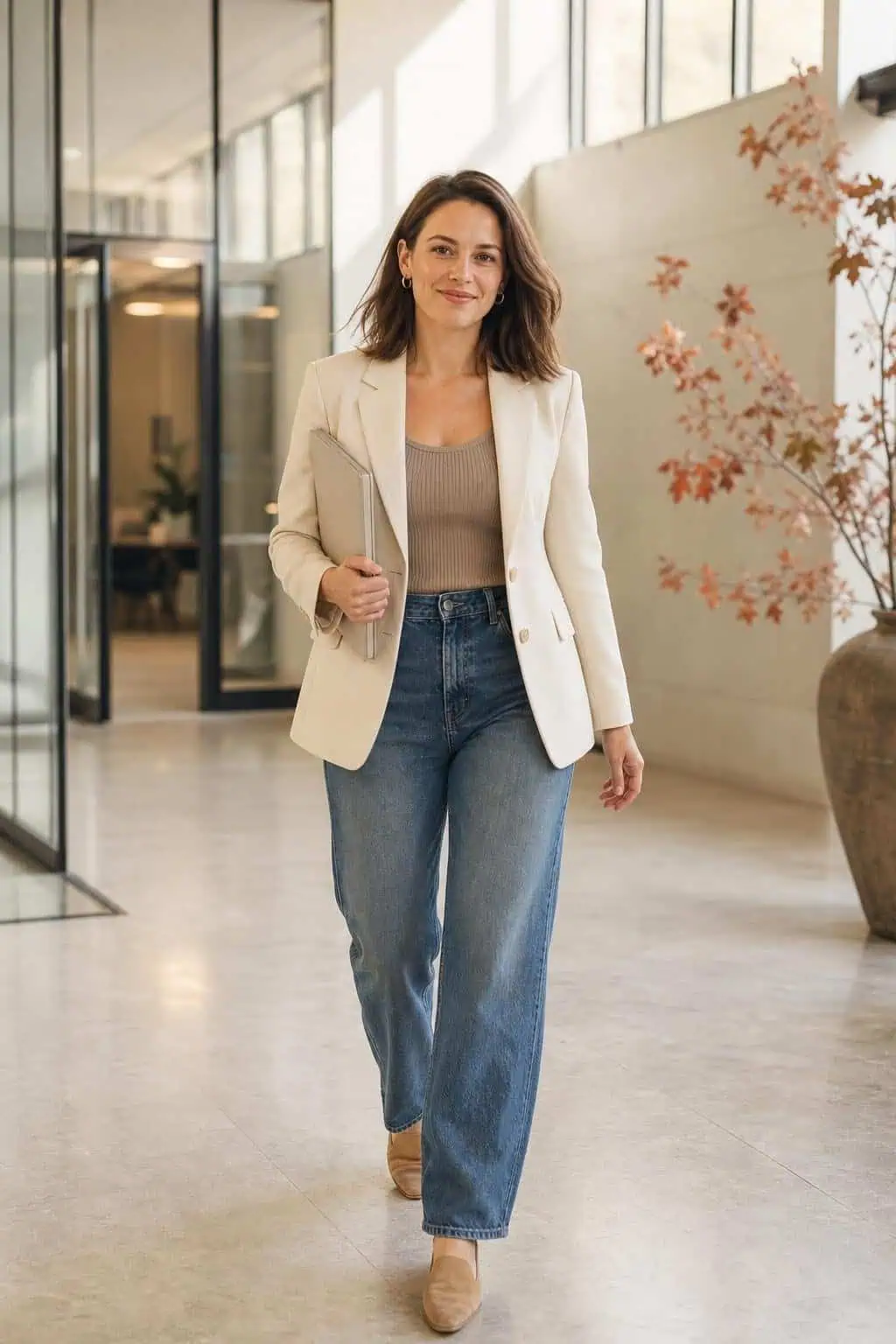 Cream blazer over taupe knit tank, relaxed blue jeans, tan mules, bright office hallway mood (option 1)