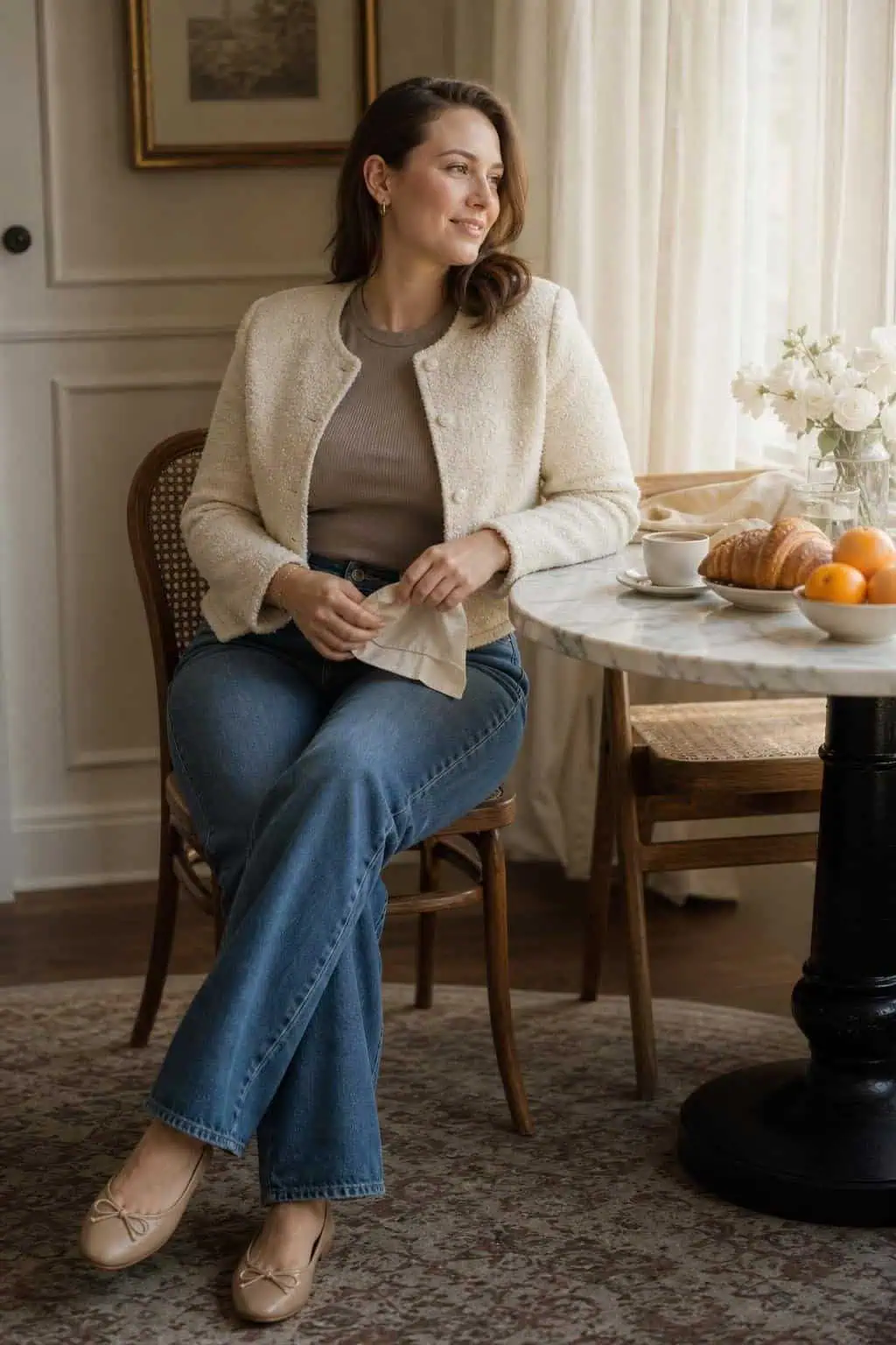Cream bouclé jacket, soft taupe knit top, relaxed blue jeans, ballet flats, brunch table by window (option 1)