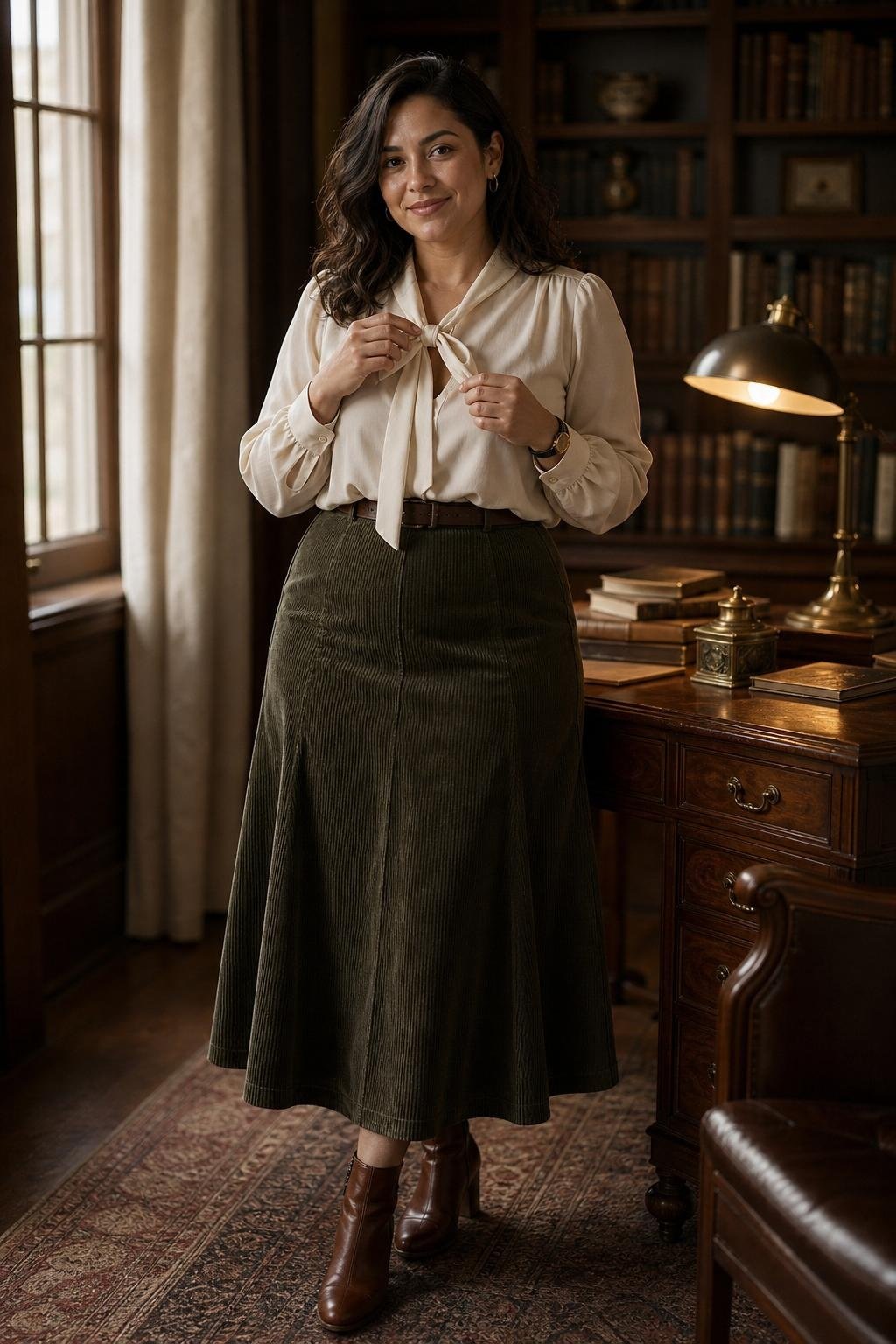 Cream bow blouse, olive corduroy midi skirt, brown boots, antique desk with stacked books (option 1)