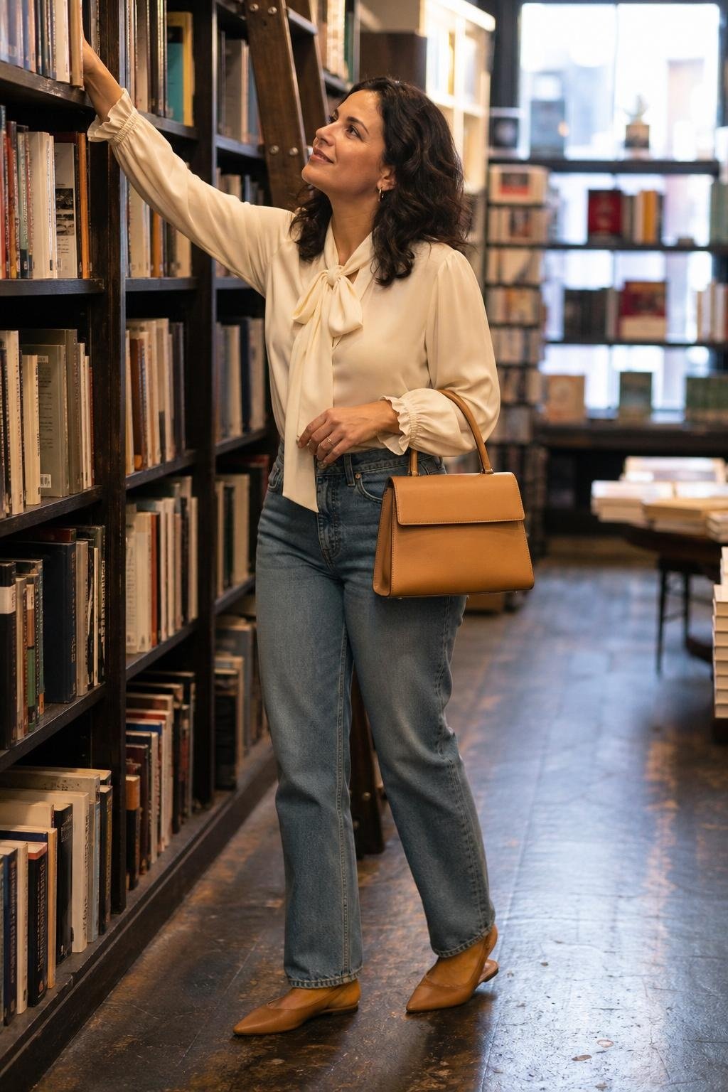 Cream bow-tie blouse, medium-wash straight-leg jeans, slingback flats, structured tan bag, bookstore aisle (option 1)
