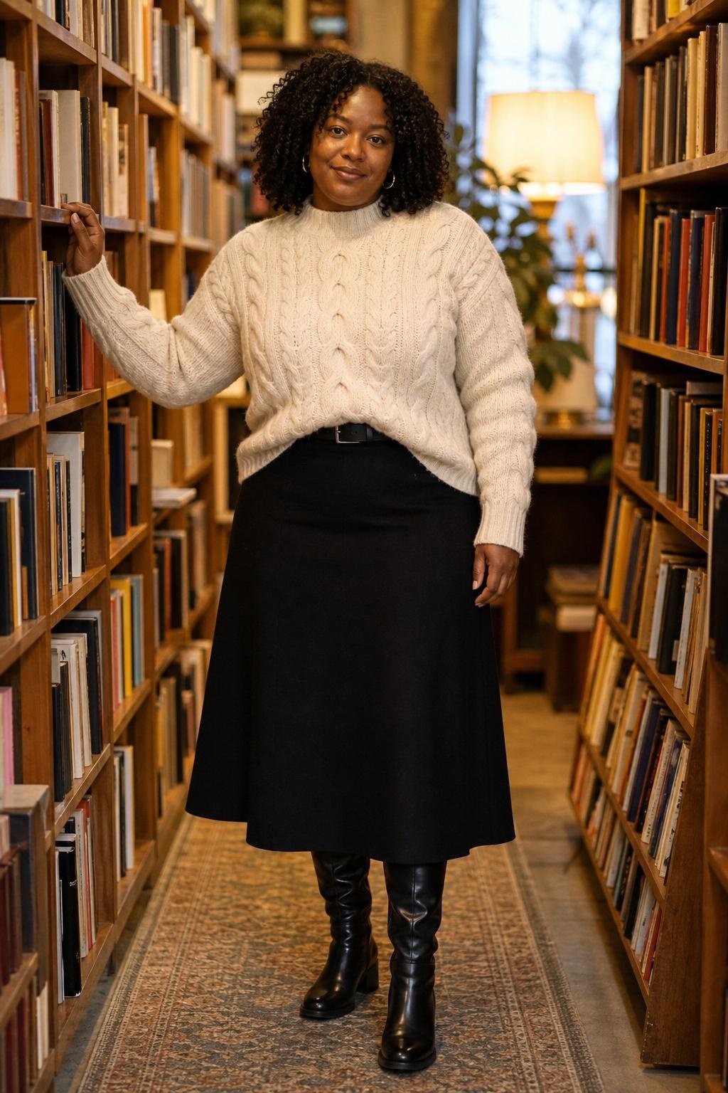 Cream cable knit sweater, black wool midi skirt, black knee-high boots, cozy bookshop aisle (option 2)