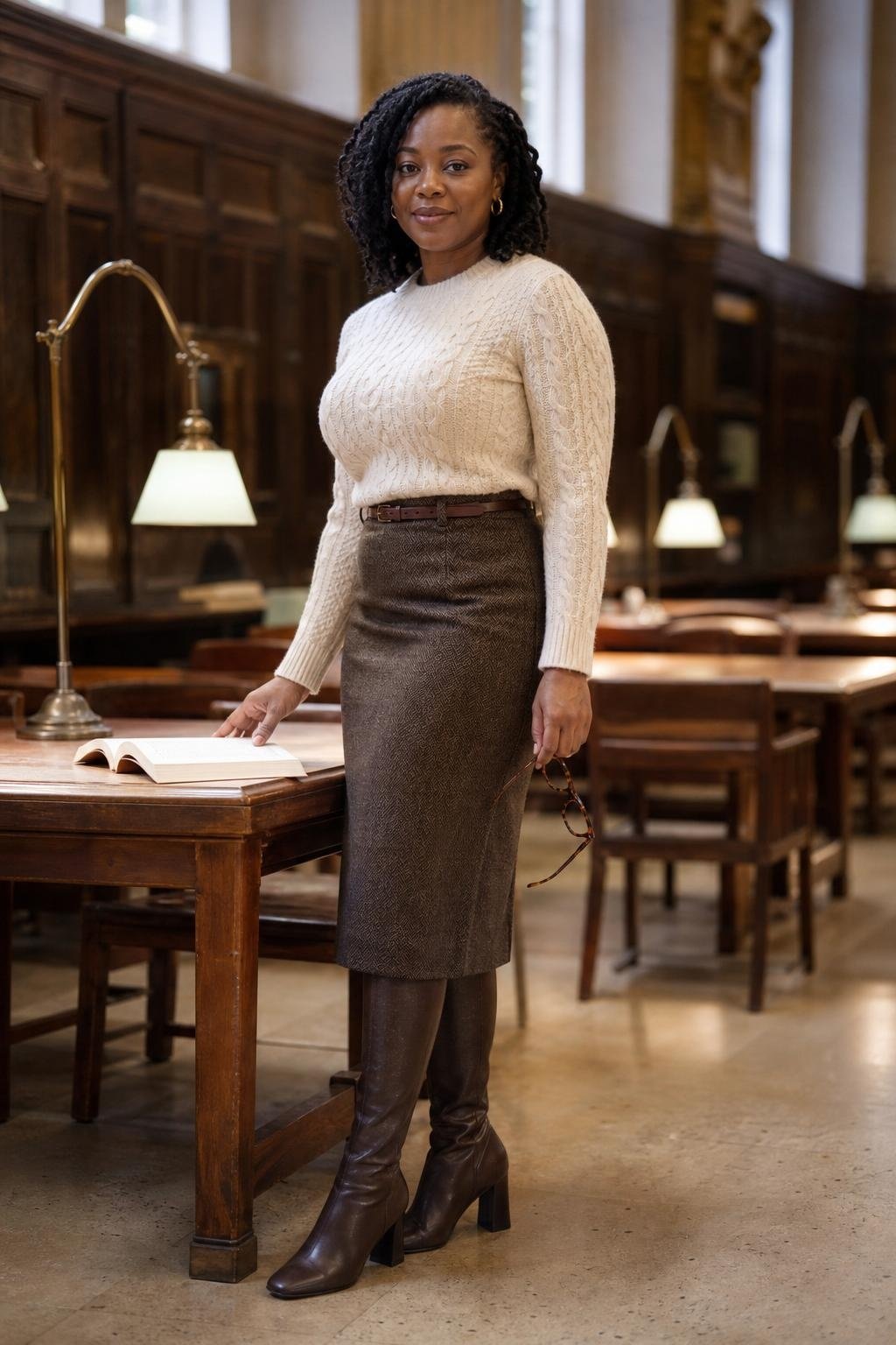 Cream cable-knit sweater, brown wool pencil skirt, knee-high boots, reading room with wooden tables (option 2)