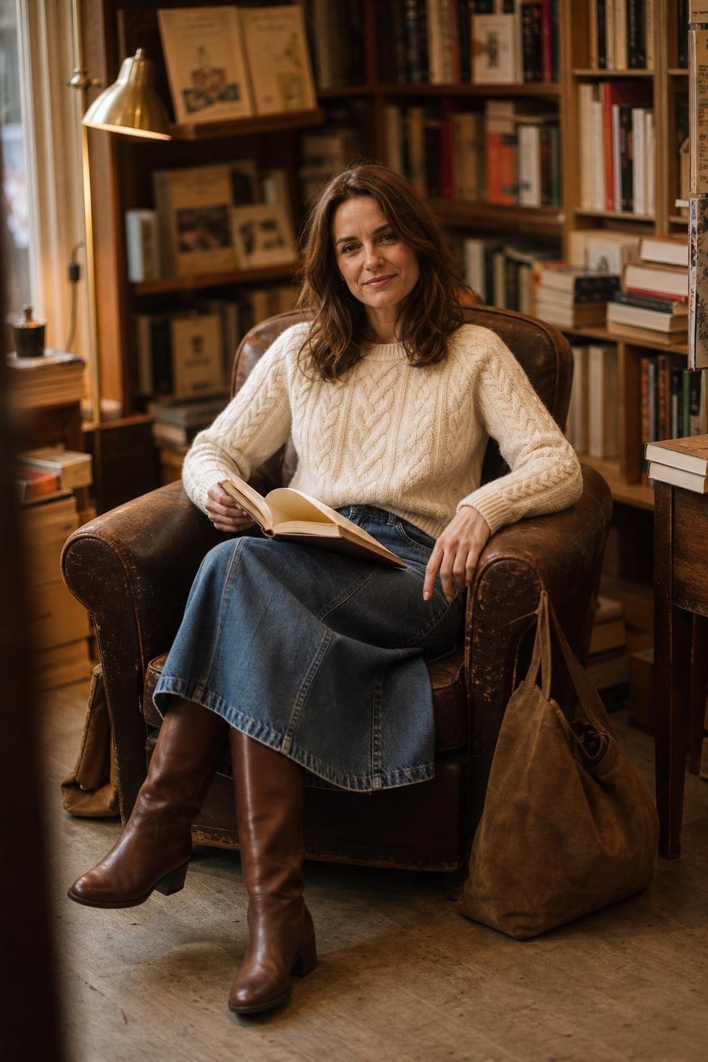 Cream cable knit sweater, denim midi skirt, brown tall boots, suede bag in a cozy bookstore corner (option 2)