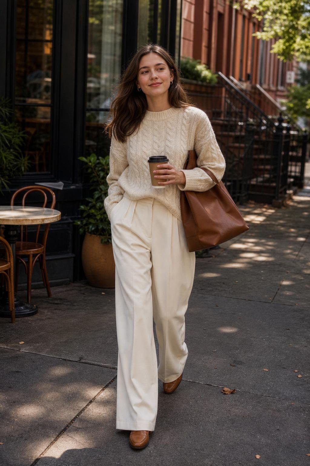 Cream cable knit sweater, ivory wide-leg trousers, tan loafers, brown leather tote, leafy neighborhood coffee walk (option 2)