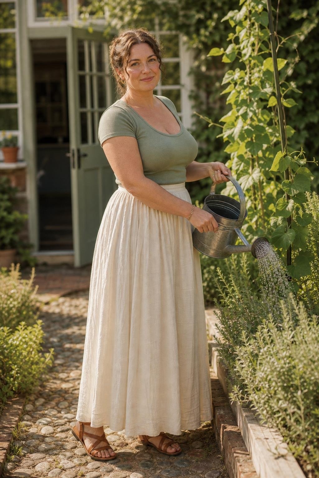 Cream cotton maxi skirt with fitted sage knit tee and brown sandals in a sunlit kitchen garden, calm everyday cottage style (option 2)