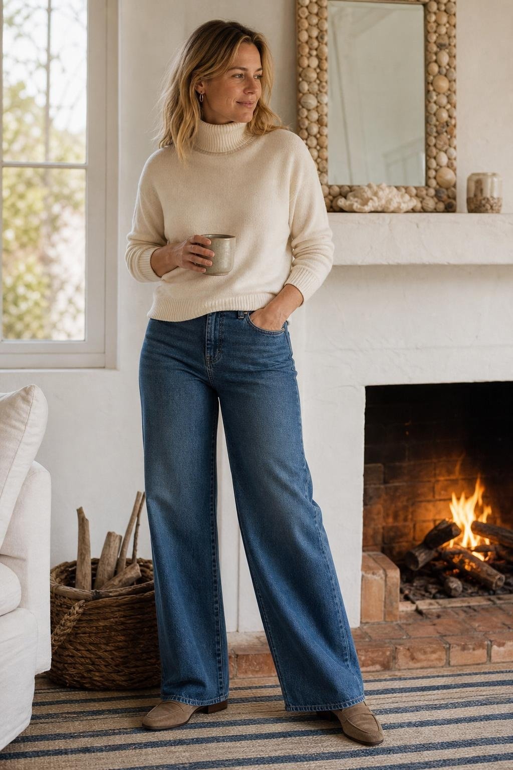 Cream cotton turtleneck, wide-leg blue jeans, suede loafers by a fireplace with coastal decor (option 1)