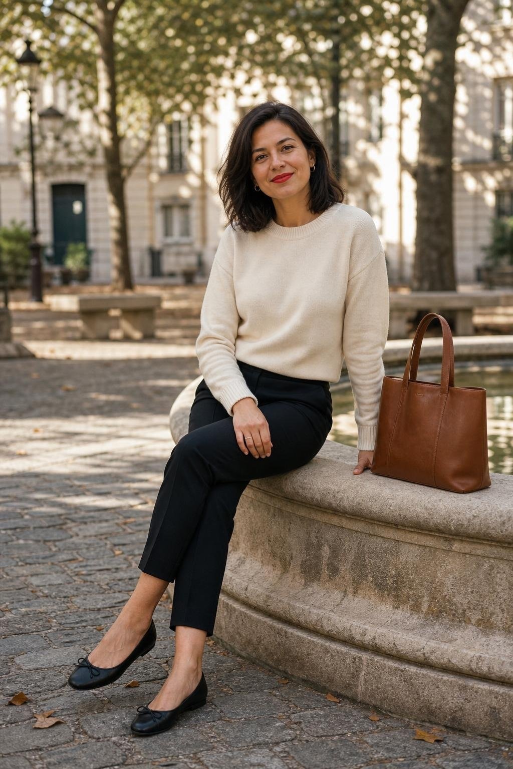 Cream crewneck sweater, black cigarette pants, black ballet flats, red lip, leather tote in a city square (option 2)