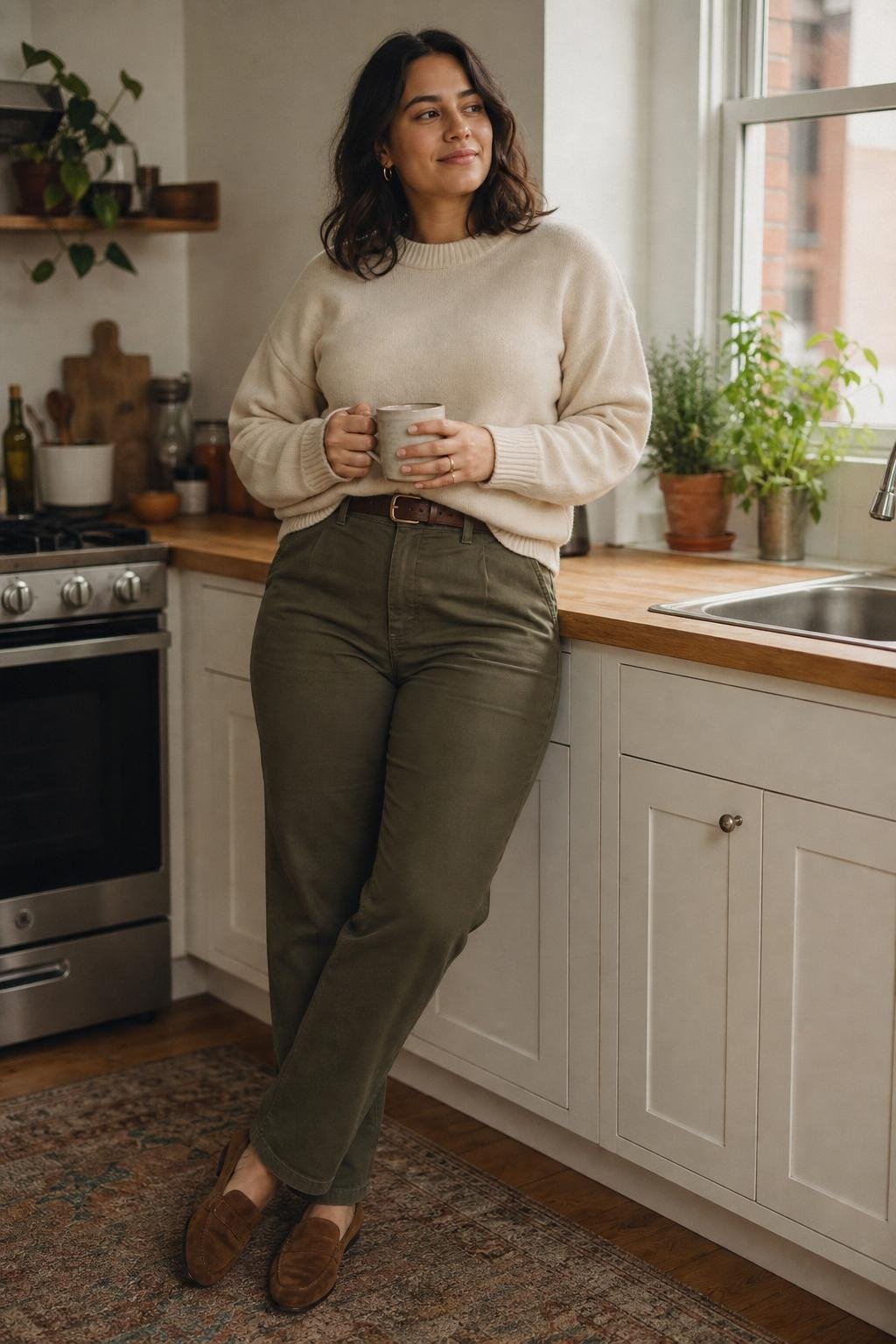 Cream crewneck sweater with olive trousers, brown belt, suede loafers, cozy kitchen coffee moment (option 2)
