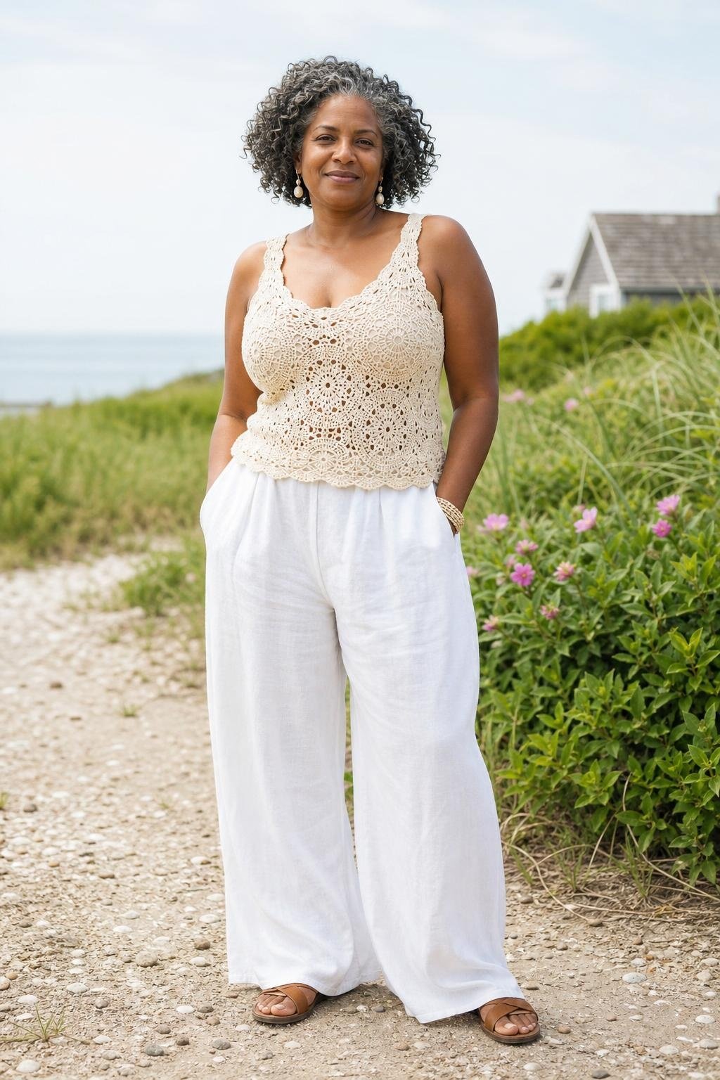 Cream crochet tank with white wide-leg linen pants and flat sandals near the seaside, breezy handmade summer mood (option 2)