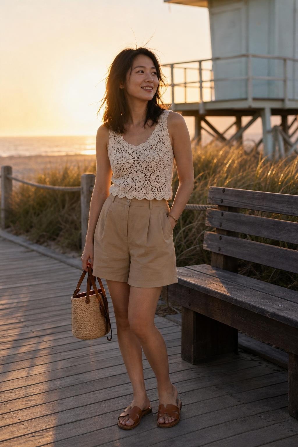 Cream crochet top, high-waist tan shorts, leather slides, straw bucket bag, sunset boardwalk mood (option 1)