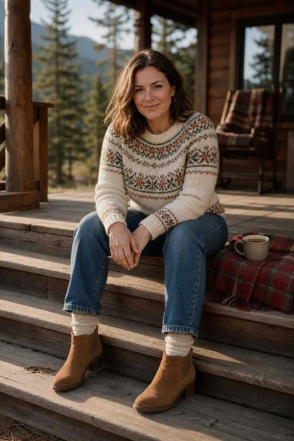Cream Fair Isle sweater, straight blue jeans, tan suede boots, wool socks on a cabin porch (option 2)
