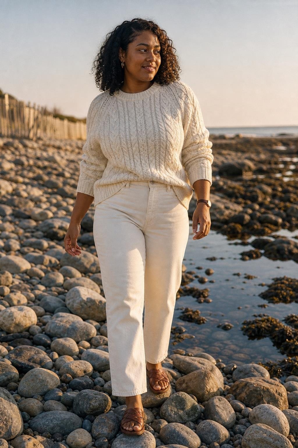 Cream fisherman sweater, ecru straight denim, brown leather sandals on a rocky beach path (option 1)