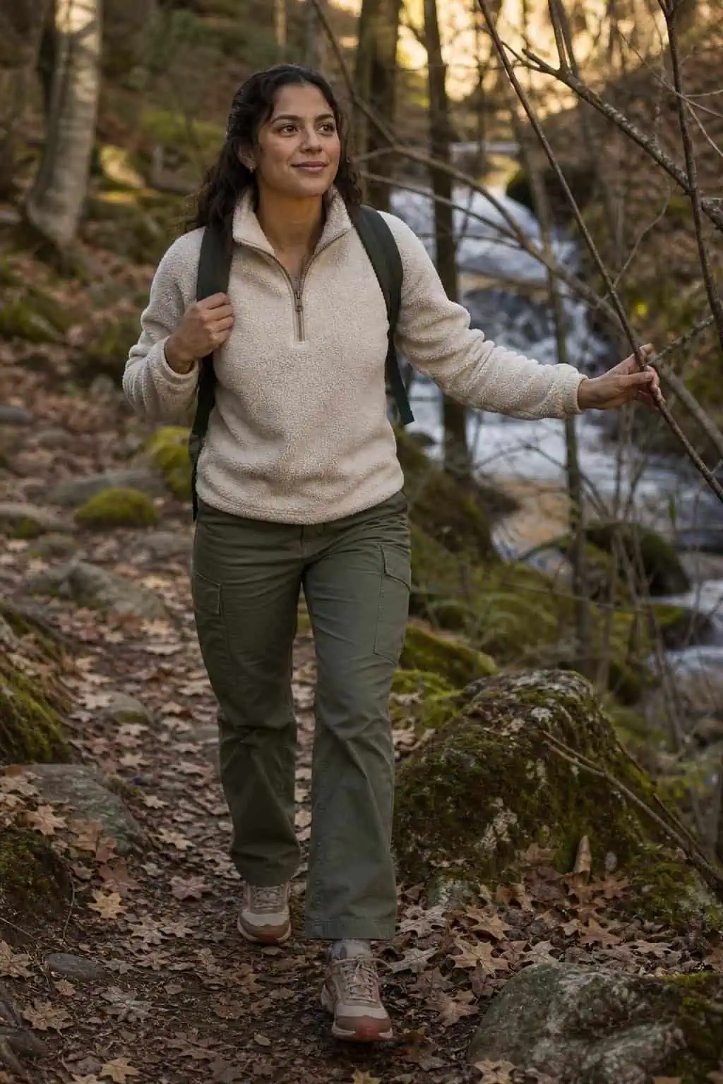 Cream fleece pullover, olive utility pants, trail sneakers, wooded path with fallen leaves (option 2)
