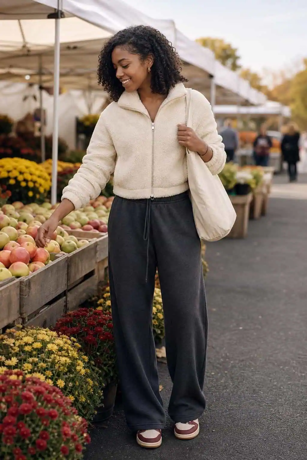 Cream fleece zip jacket, charcoal wide-leg sweatpants, retro sneakers, weekend farmer's market stroll (option 1)
