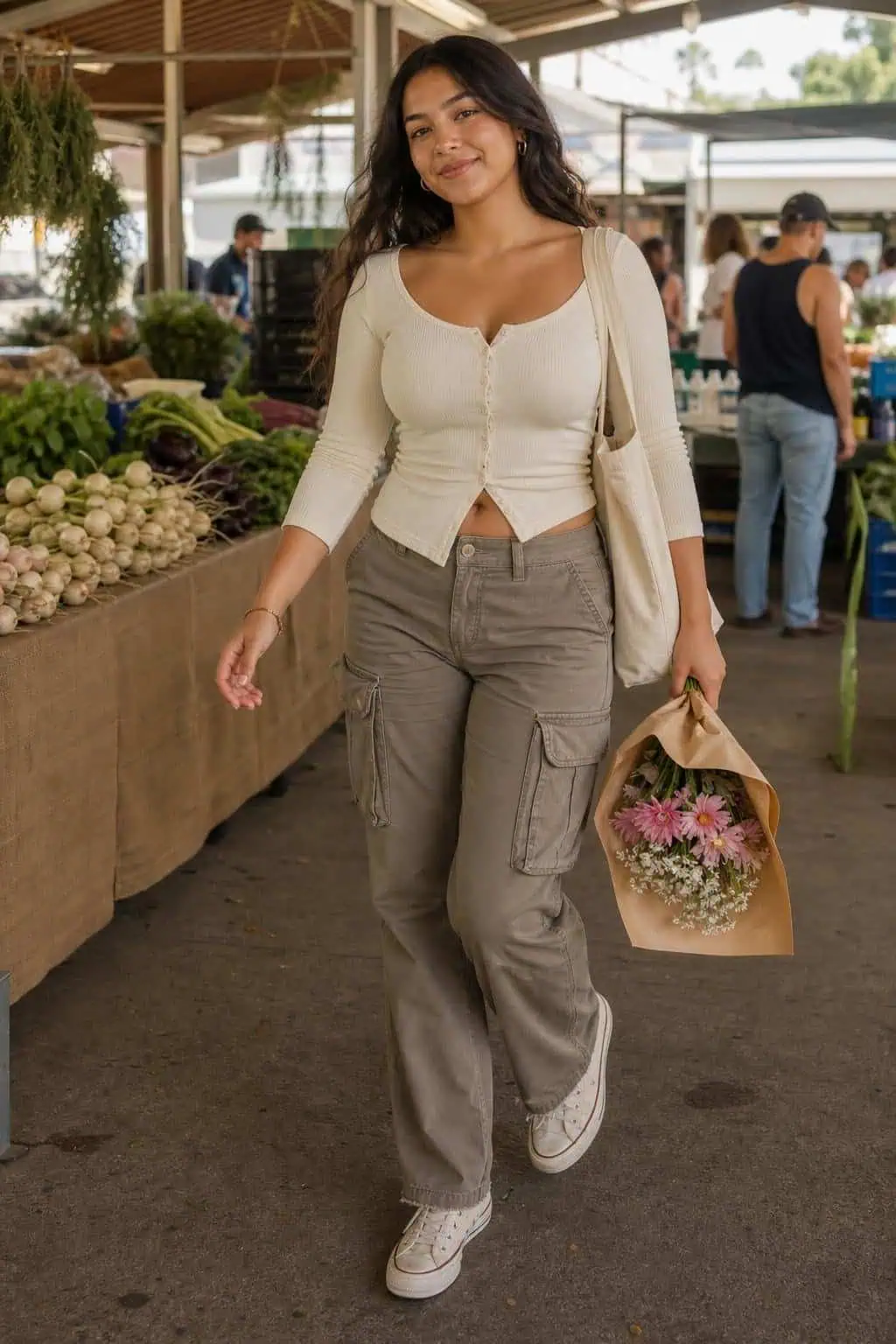 Cream henley top, taupe cargo pants, canvas sneakers, canvas tote at a weekend farmers market (option 1)