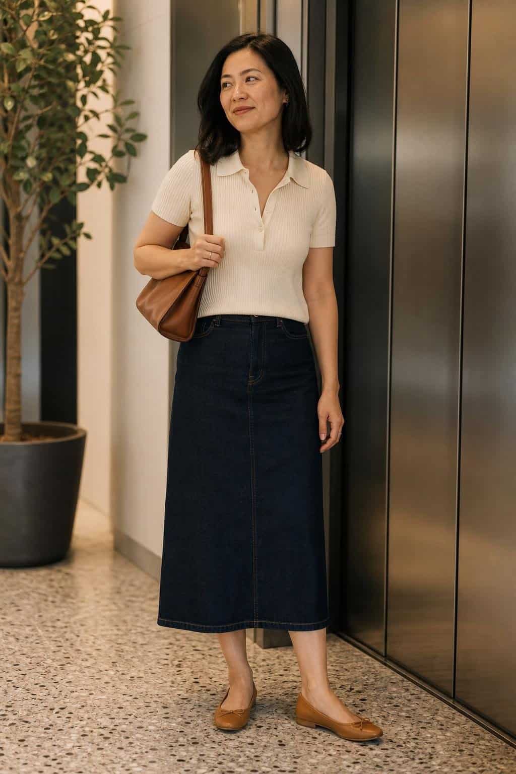 Cream knit polo, dark denim midi skirt, tan flats, leather shoulder bag, casual office elevator lobby (option 2)