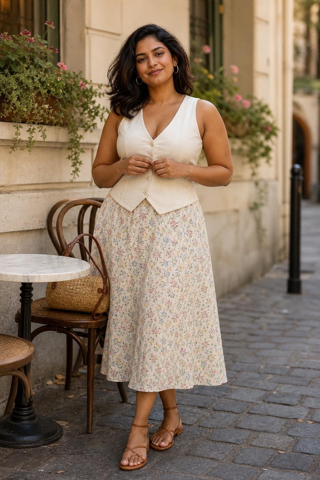 Cream linen vest with floral A-line skirt and strappy sandals at an outdoor cafe, tailored cottage summer style (option 2)