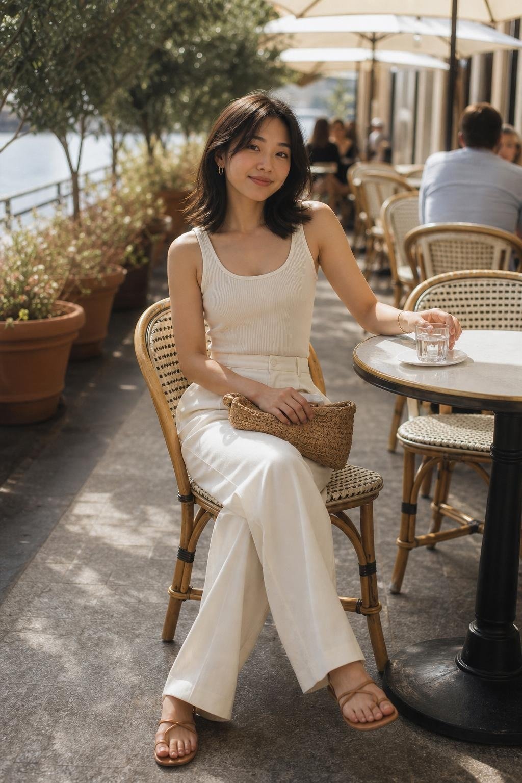 cream ribbed knit tank, ivory wide-leg trousers, flat leather sandals, woven bag, sunny café patio (option 1)
