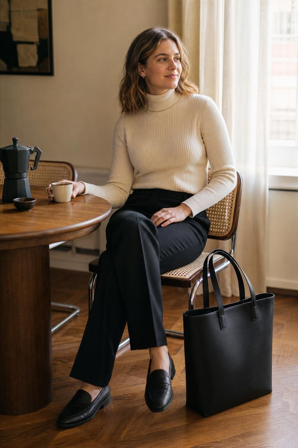 Cream ribbed turtleneck, black straight-leg trousers, black loafers, structured tote, quiet coffee shop corner (option 1)
