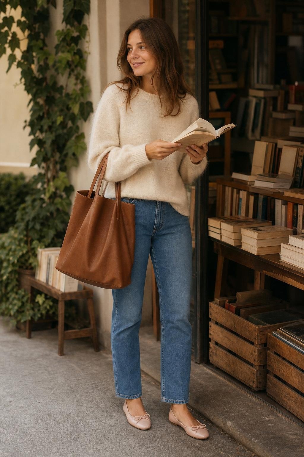 cream soft knit, straight-leg jeans, blush ballet flats, leather tote, weekend bookshop scene (option 1)