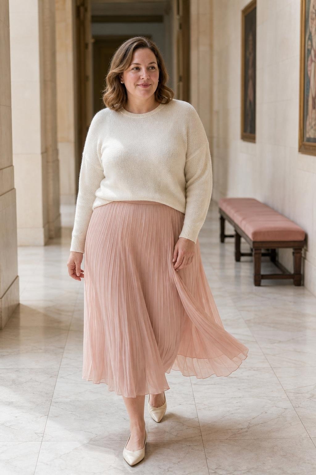 Cream soft sweater, blush pleated midi skirt, pearl earrings, pointed flats, museum hallway (option 2)