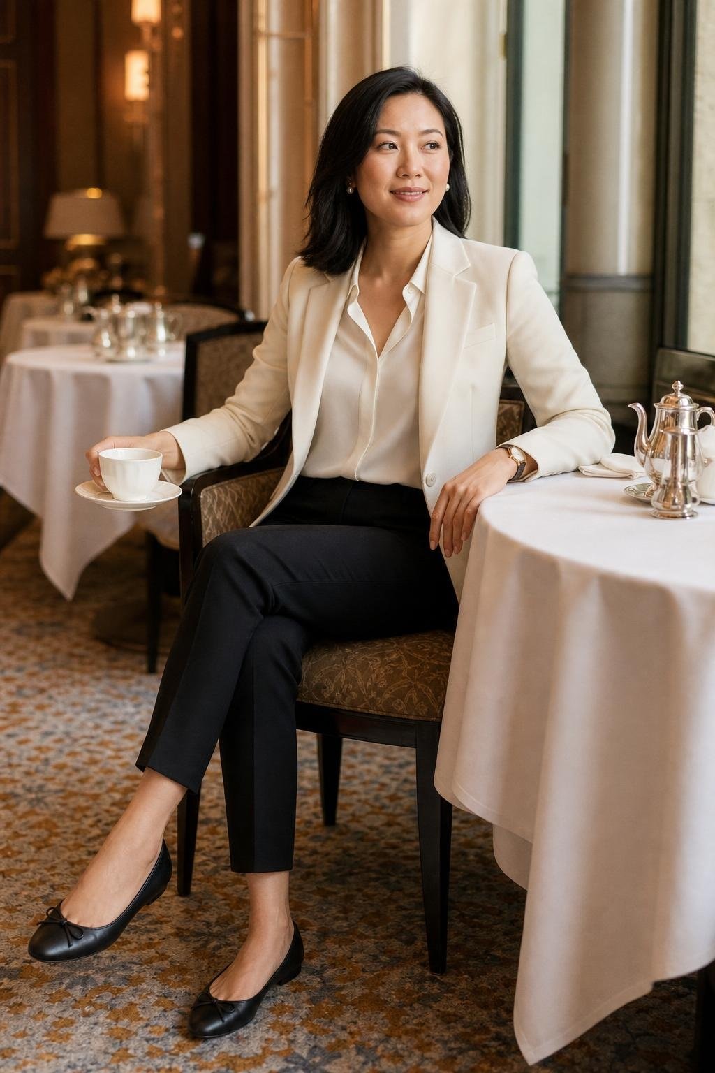Cream tailored blazer, black cigarette pants, ivory blouse, black ballet flats, elegant hotel breakfast room (option 2)