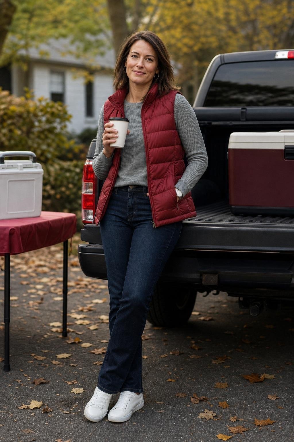 Crimson puffer vest, gray thermal top, dark straight-leg jeans, white leather sneakers, crisp outdoor tailgate scene (option 1)