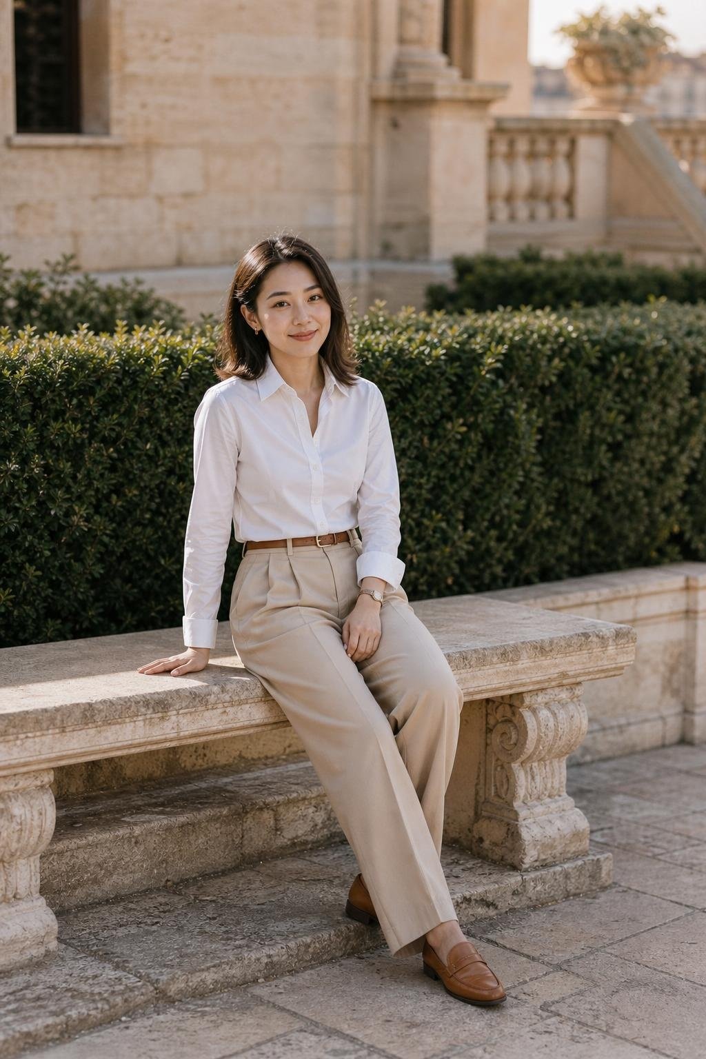 Crisp white button-down, beige pleated trousers, brown belt, tan loafers, sunny courtyard with stone benches (option 2)