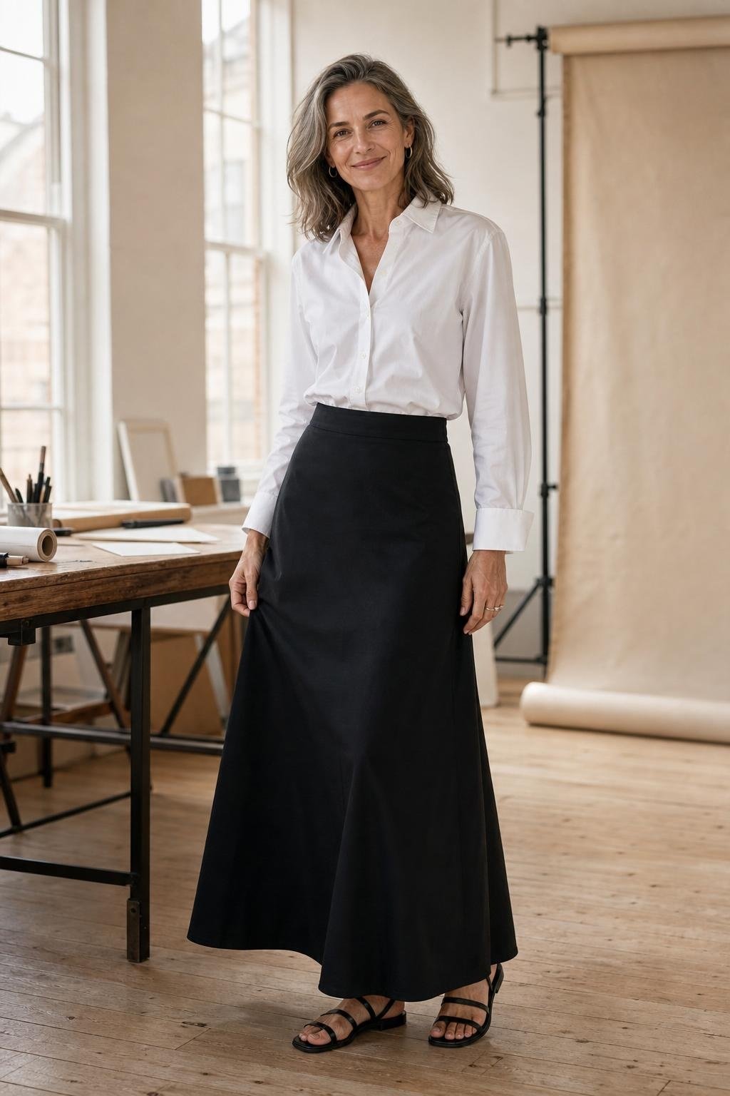 Crisp white button-down, black A-line maxi skirt, black leather sandals, airy studio with wood floors (option 2)