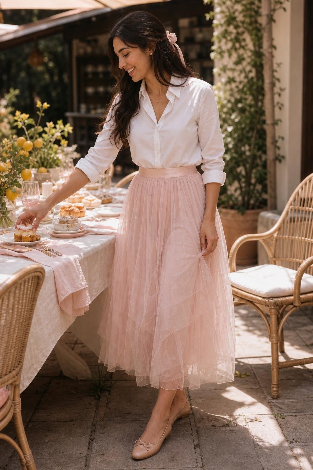 crisp white button-down, pale pink tulle skirt, nude flats, bright brunch table scene (option 2)