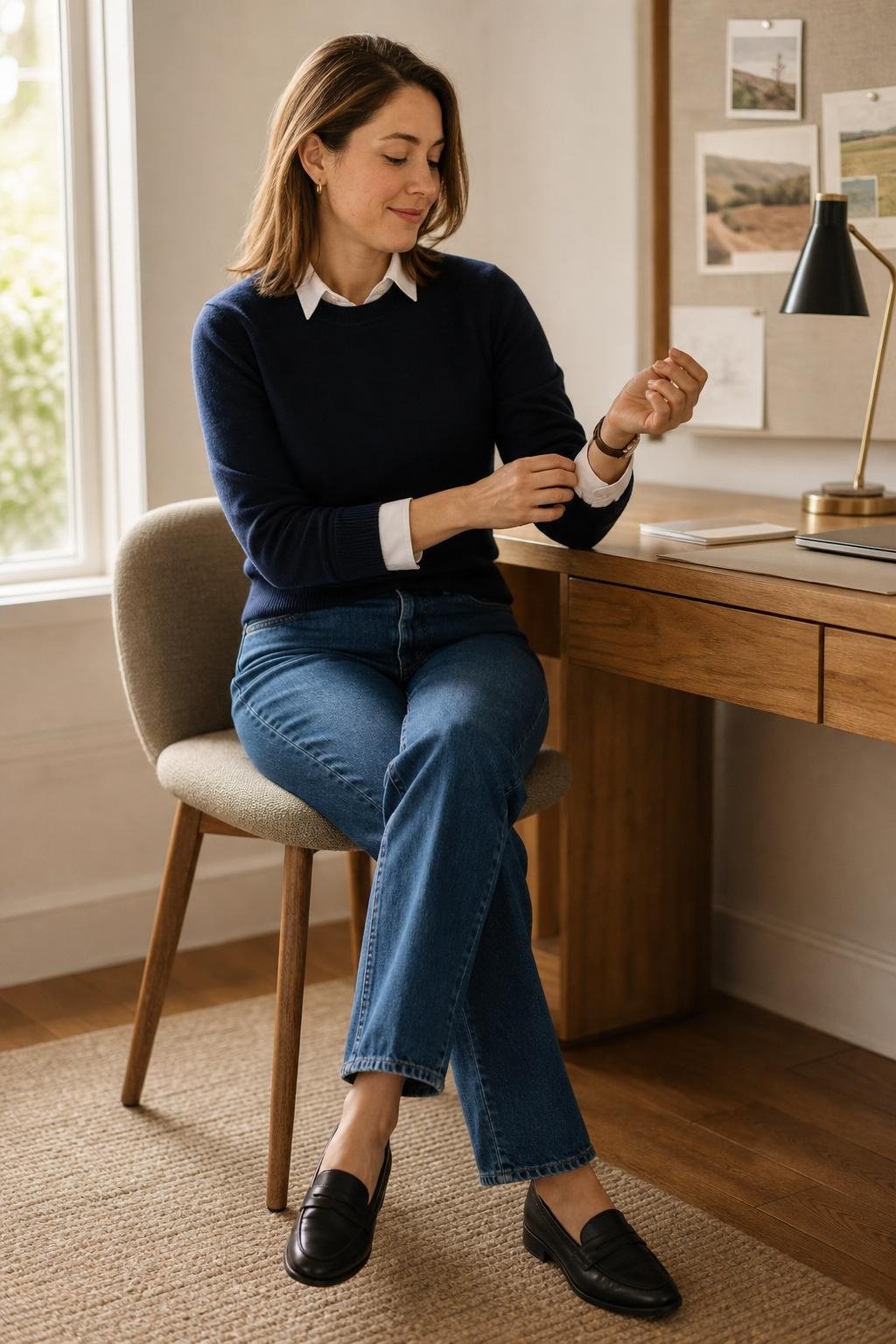 Crisp white button-down under navy sweater, straight jeans, loafers, tidy work desk scene (option 1)