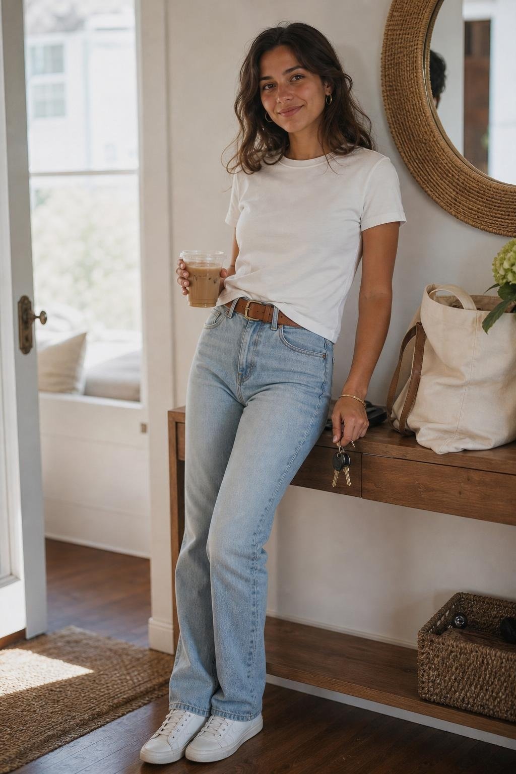 Crisp white cotton tee with light-wash jeans, tan belt, sneakers, iced coffee errand scene (option 2)