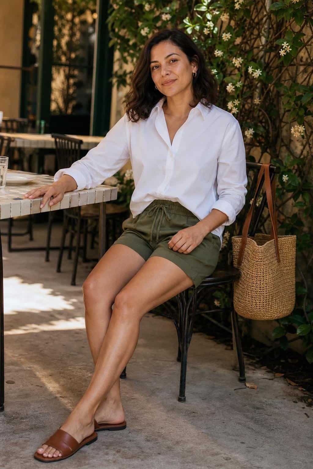 Crisp white poplin shirt, olive pull-on shorts, brown slides, raffia bag, shaded weekend brunch patio (option 1)