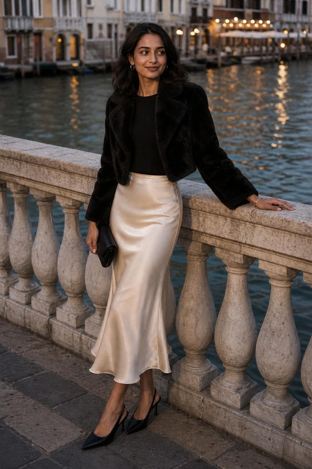 Cropped black faux fur jacket, ivory satin midi skirt, black knit top, evening street scene (option 1)