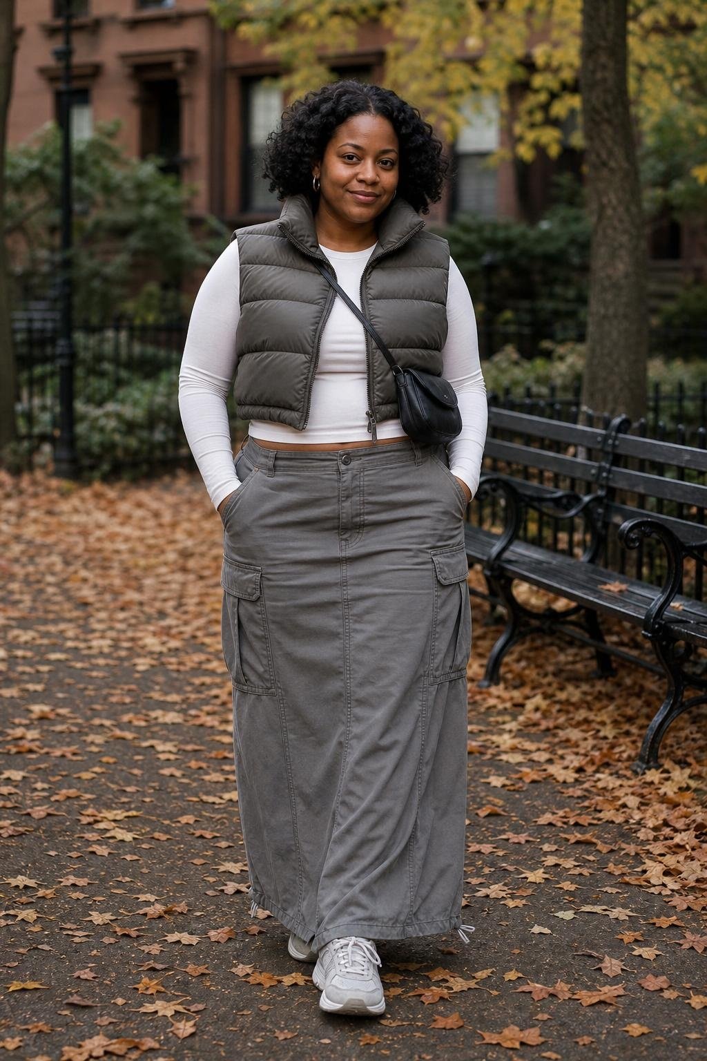 Cropped puffer vest, long cargo skirt, fitted long-sleeve tee, chunky sneakers, crisp fall park walk (option 2)