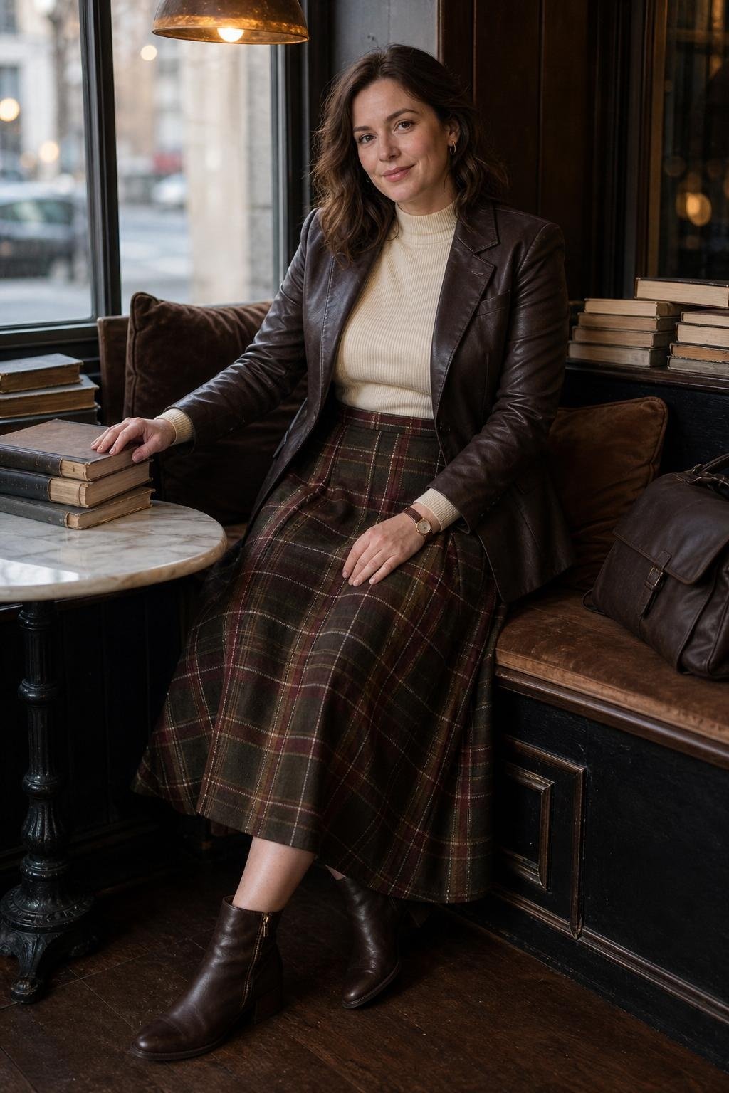 Dark brown leather blazer, plaid midi skirt, cream knit top, ankle boots, moody café window seat (option 1)