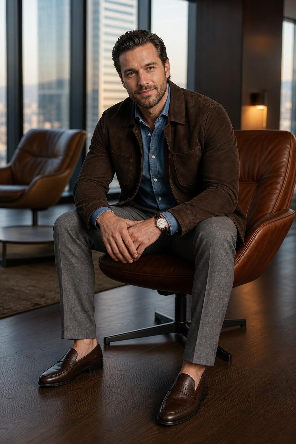 Dark brown suede jacket, gray flannel trousers, chambray shirt, leather loafers in an executive lounge (option 2)