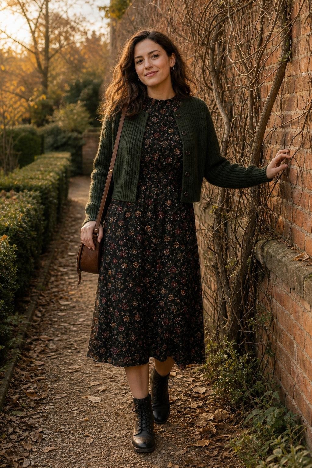 Dark floral midi dress, cropped forest cardigan, lace-up boots, garden path beside an old brick wall (option 2)