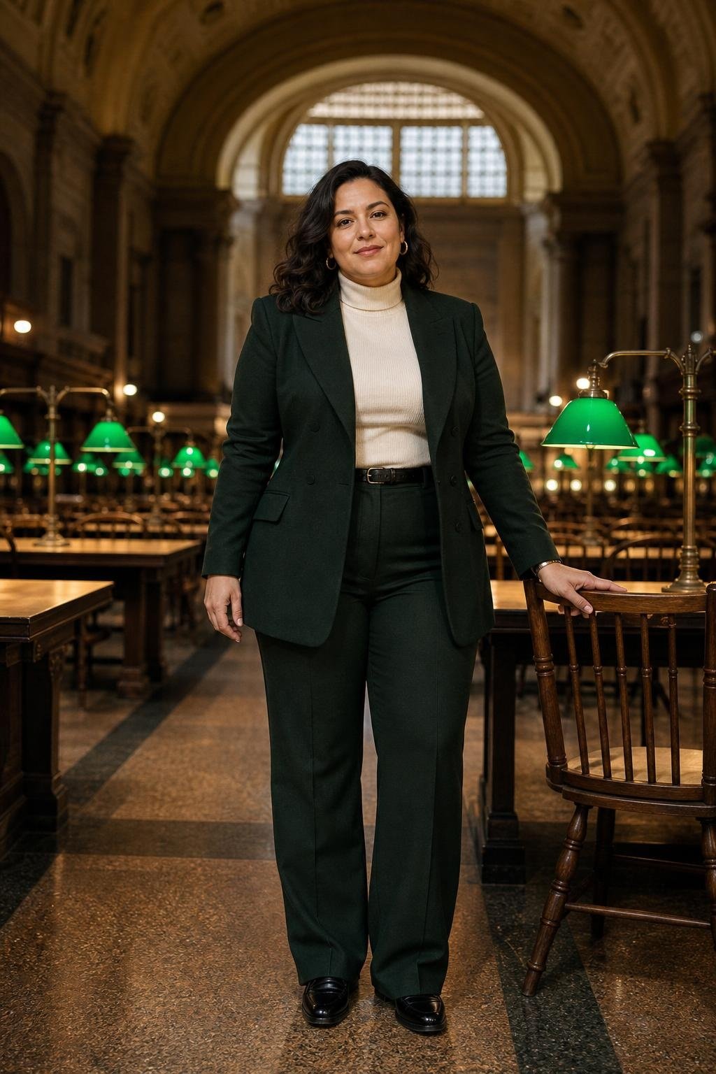 Dark green suit, cream turtleneck, black loafers, grand reading room with green lamps (option 2)