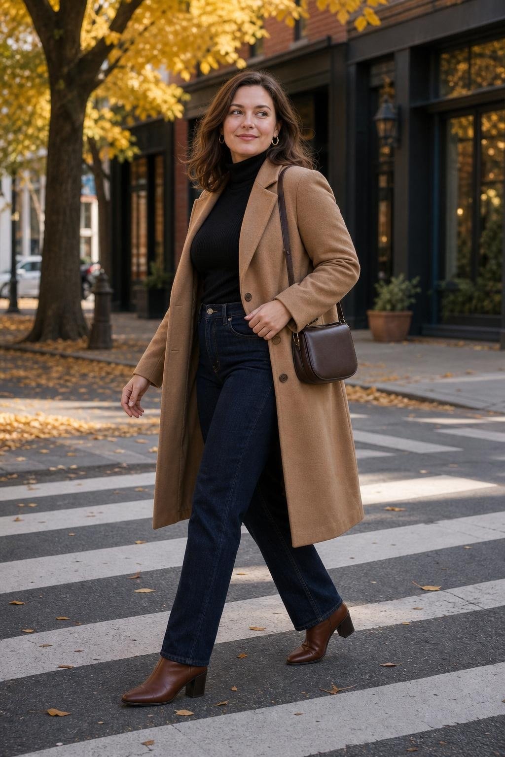 Dark straight-leg jeans with black turtleneck, camel coat, brown ankle boots, city crosswalk (option 1)